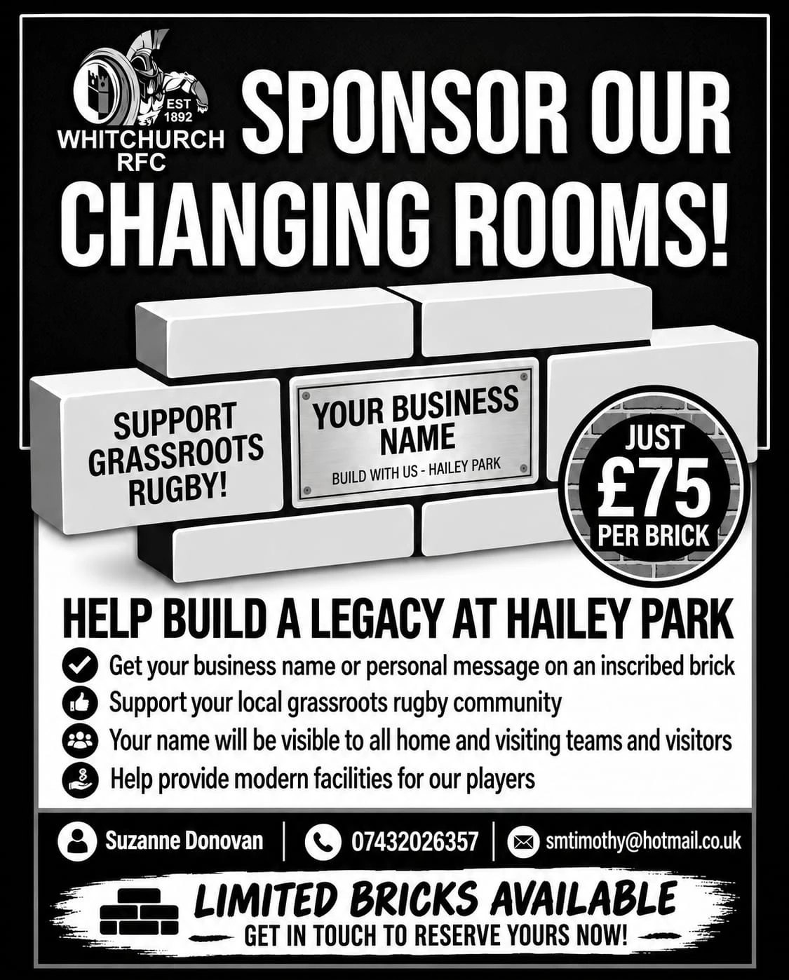 Sponsor our changing rooms: just £75 per brick, with your business name inscribed. Help build a legacy at Hailey Park.