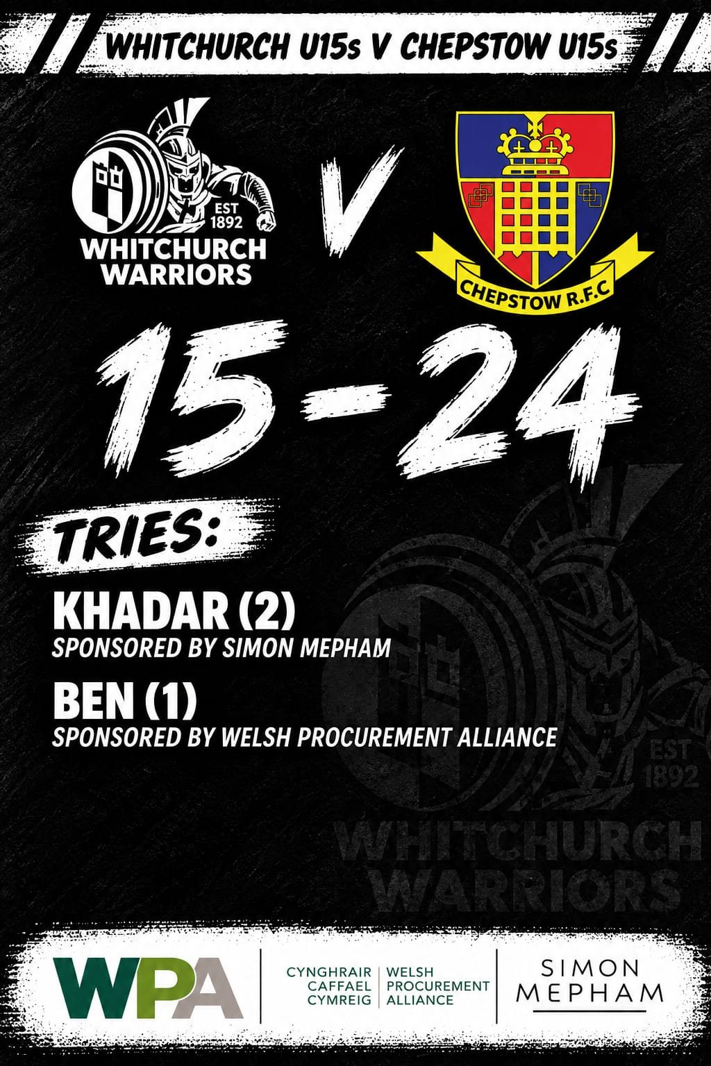 Whitchurch U15s 15 Chepstow 24 - the Whitchurch try scorers