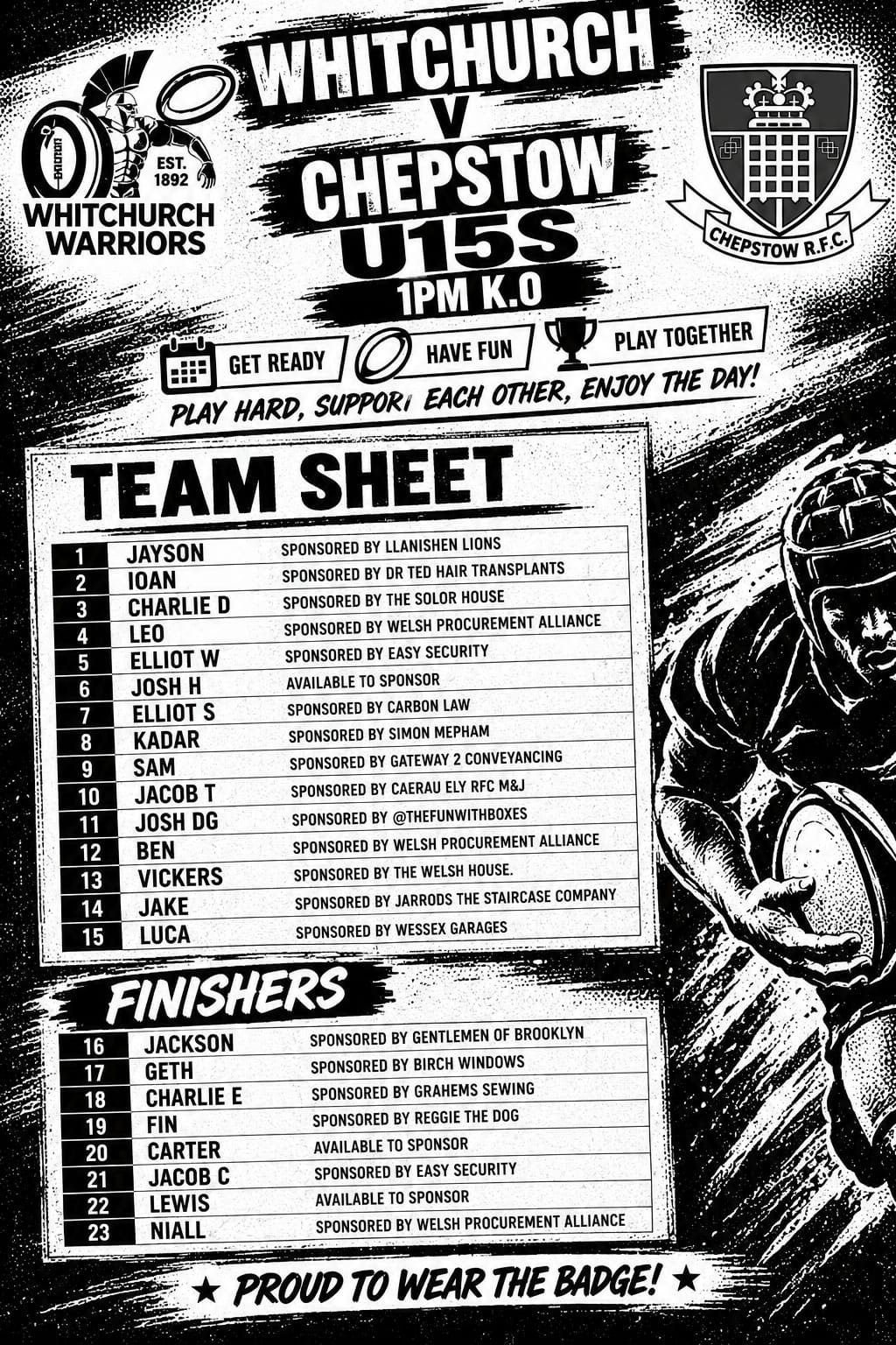 Whitchurch Warriors team sheet: starting 15 and finishers for Chepstow at home, 13 September 2026