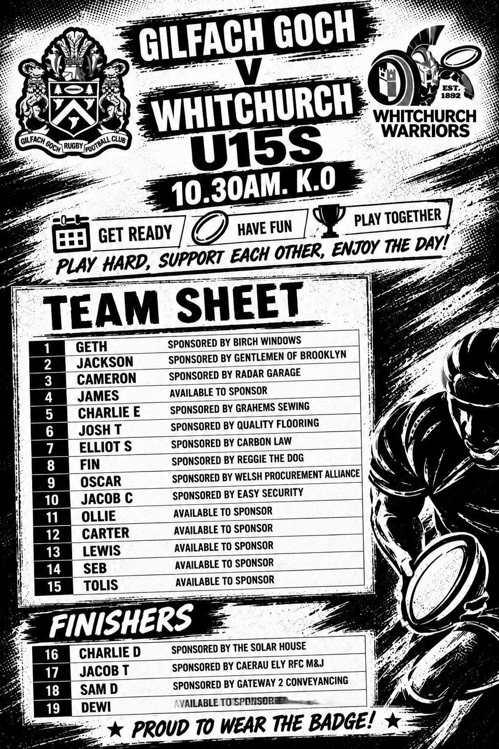Whitchurch Warriors team sheet: starting 15 and finishers for Gilfach Goch away, 13 September 2026