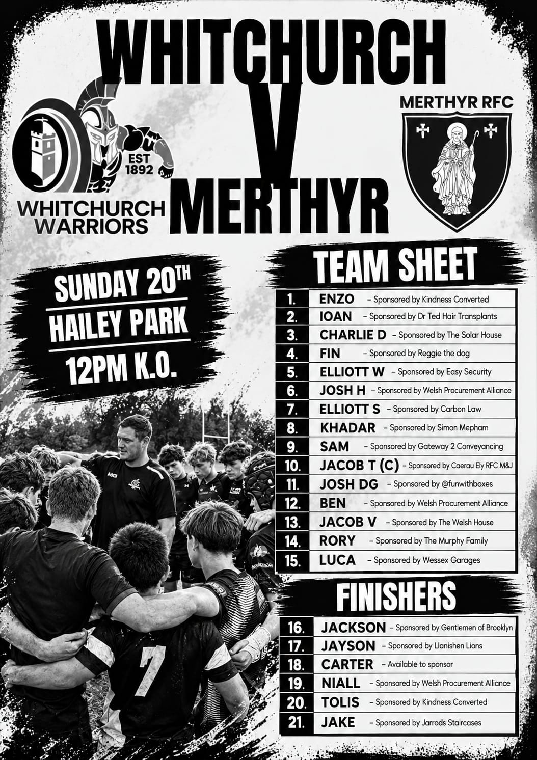 Whitchurch Warriors team sheet: starting 15 and finishers for the cup game against Merthyr, 20 September 2026