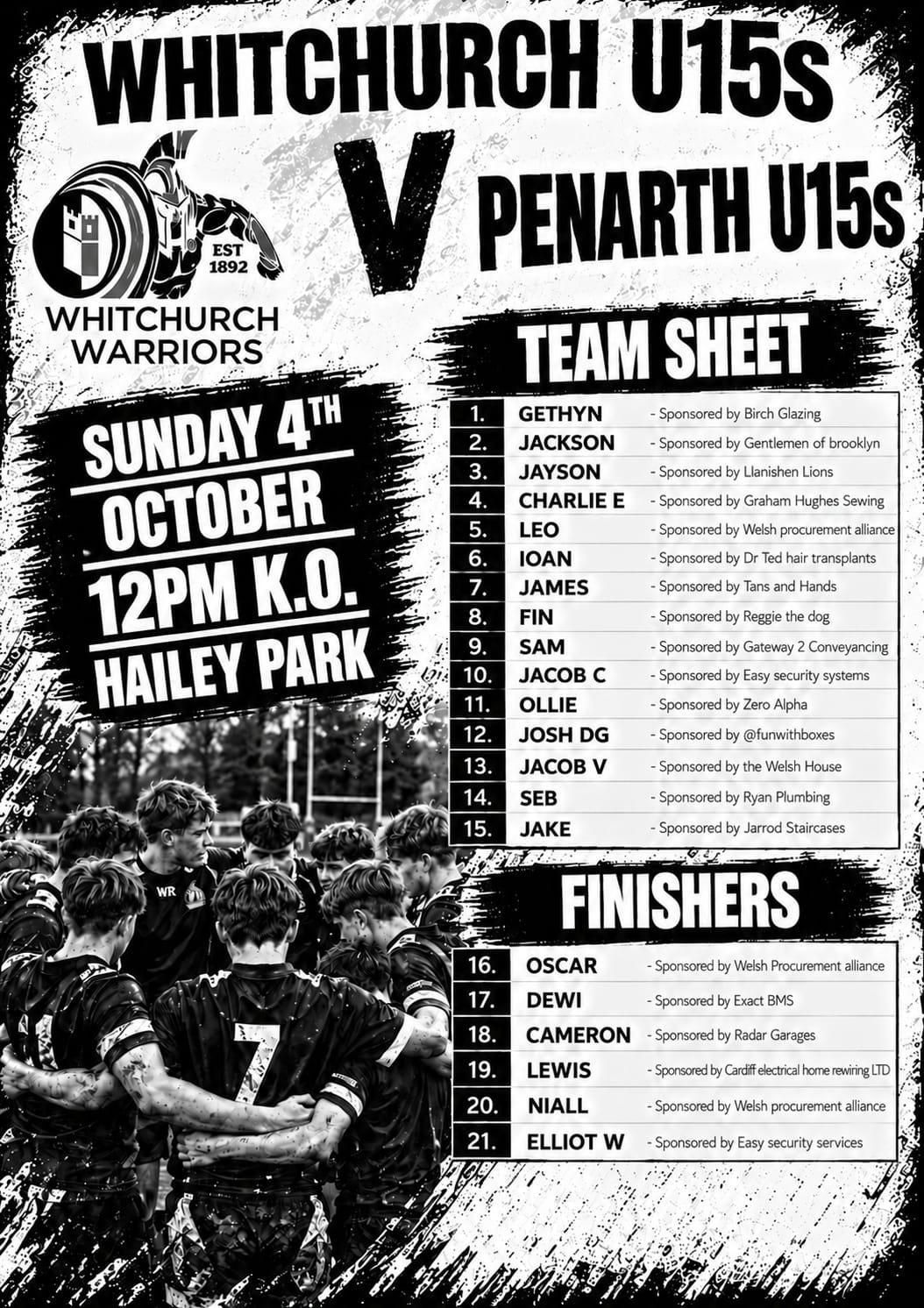 Whitchurch Warriors team sheet: starting 15 and finishers against Penarth, 4 October 2026